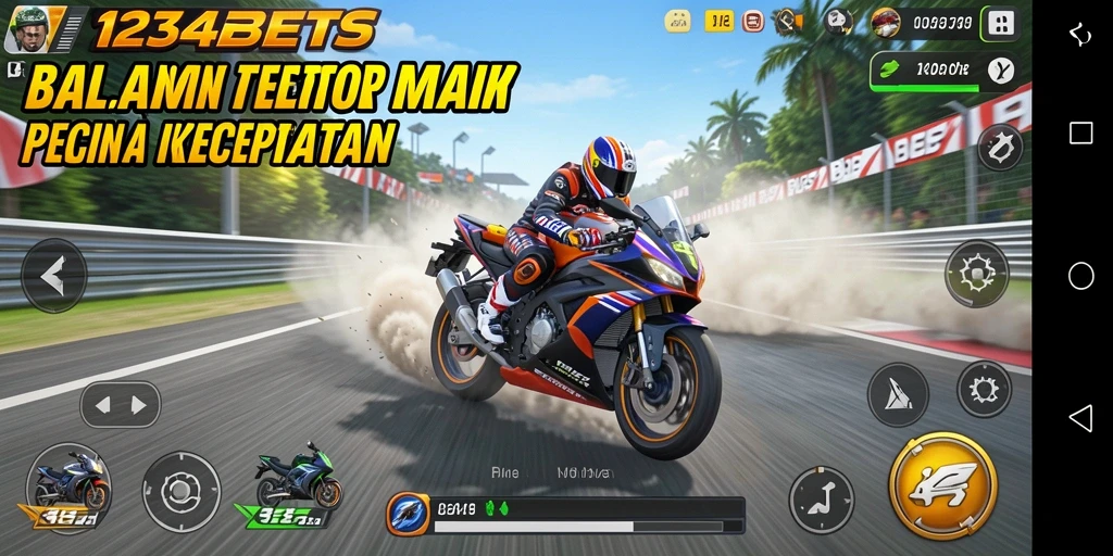 Tampilan gameplay seru dalam 1234BETS dengan balapan motor yang mendebarkan.