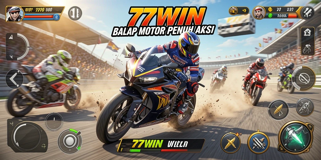 Tangkapan layar utama 77WIN menampilkan aksi balap motor yang mendebarkan.