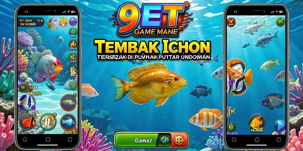 Screenshot gameplay 9ET dengan ikan yang berwarna-warni.