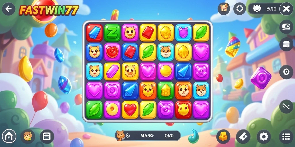 Tampilan gameplay menarik FASTWIN77 dengan level Match-3 yang penuh warna.