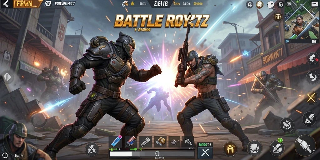 Screenshot utama menunjukkan aksi seru dari gameplay Battle Royale.