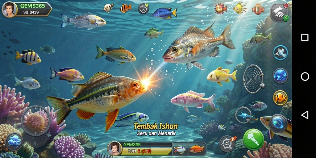 Skrinsut gameplay GEMS365 menampilkan aksi menembak ikan yang seru.