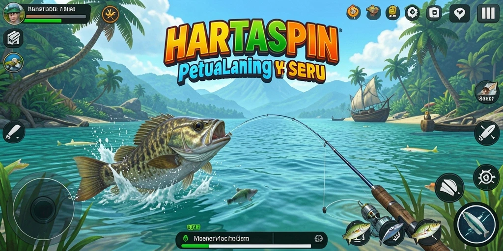 Tampilan gameplay HARTASPIN yang menarik saat memancing di lokasi yang indah.