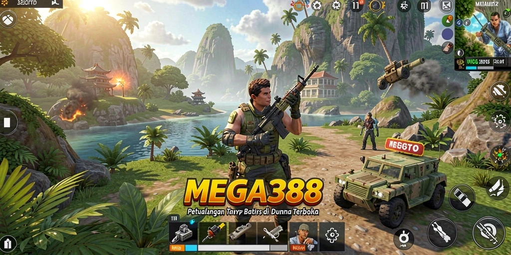 Screen utama MEGA388 menampilkan petualangan seru di dunia terbuka.