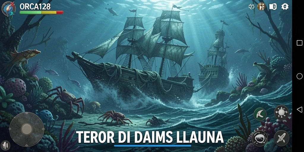 Screenshot gameplay ORCA128 menampilkan suasana mencekam dan kegelapan yang menakutkan.