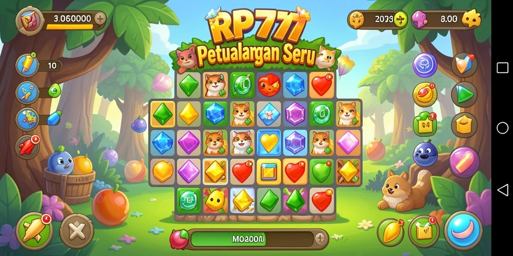 Screenshot gameplay RP777 dengan aksi mencocokkan permata yang seru.