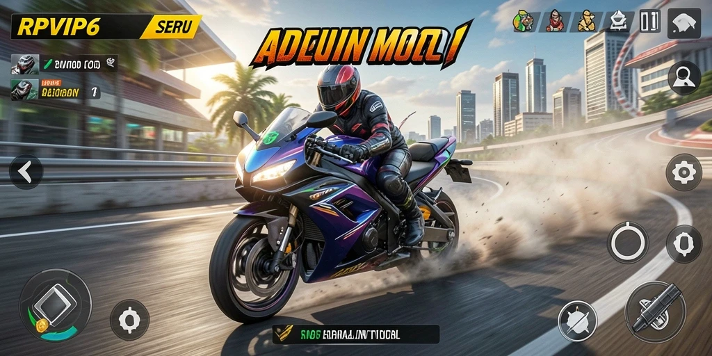 Screenshot gameplay RPVIP6 menampilkan balapan motor yang intens dan penuh aksi.