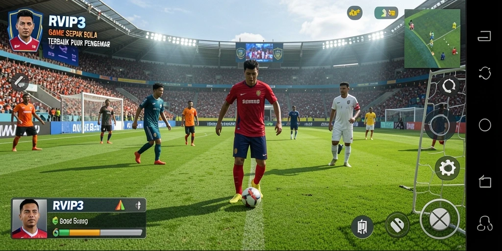 Screenshot gameplay RVIP3 menampilkan aksi seru di lapangan sepak bola.