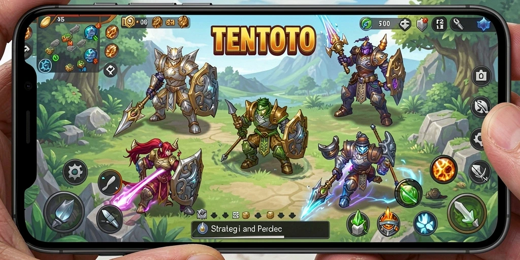 Tangkapan layar utama TENTOTO menampilkan gameplay strategi penuh aksi.