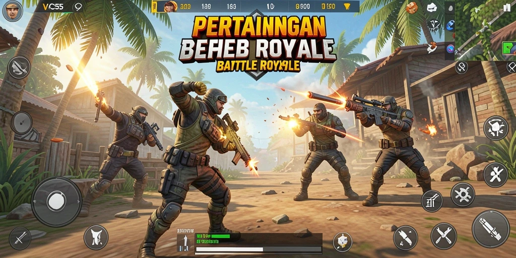 Screenshot utama VC55 menampilkan pertarungan seru di arena Battle Royale.